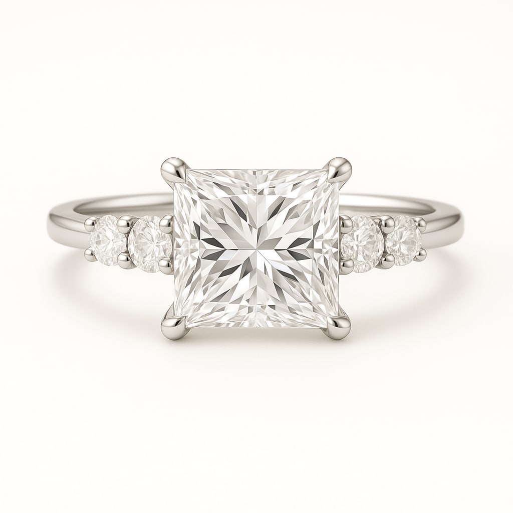 4.50 CT Lab Grown Princess Cut Diamond Three-Stone Ring in 14K White Gold: Exquisite 4.50 carat lab grown princess cut diamond, accented with round brilliant side stones on a polished 14K white gold band. A refined three-stone engagement ring that combines modern geometry wi