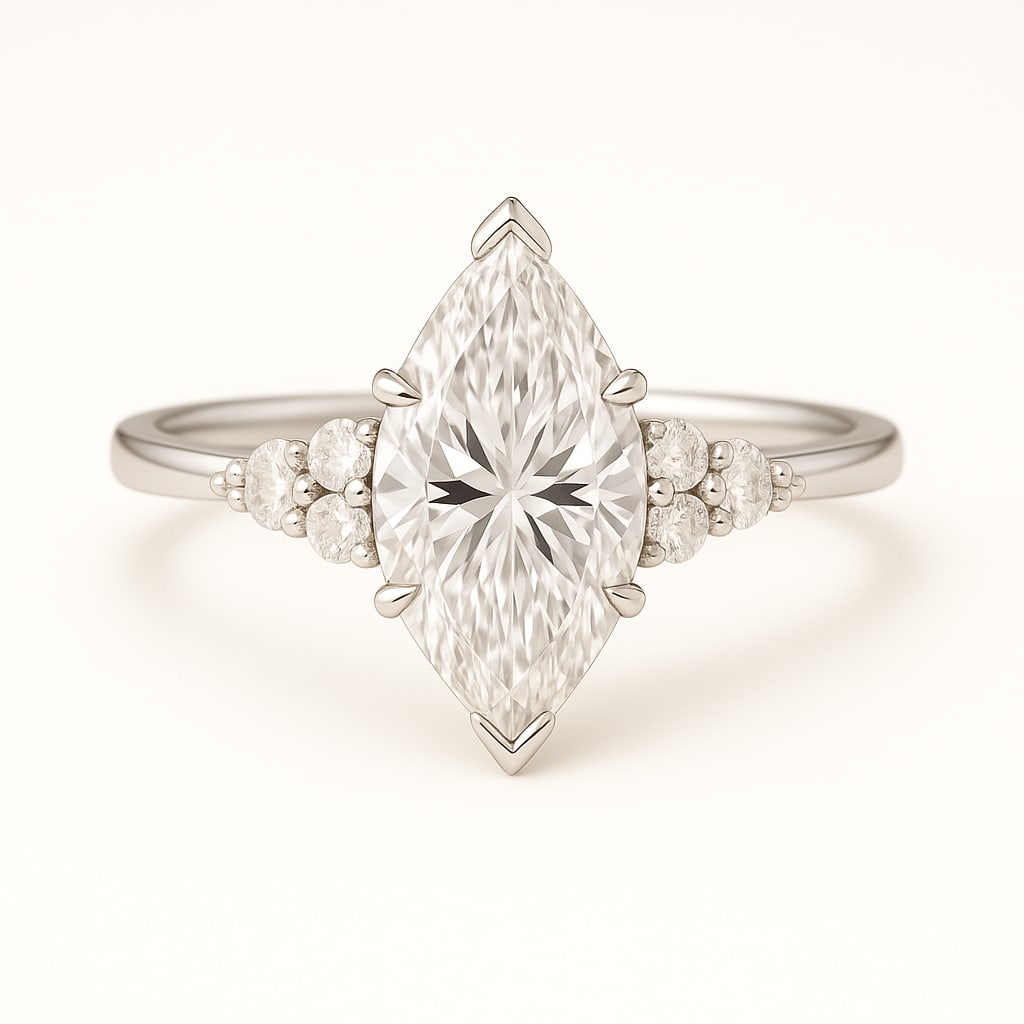 4.50 CT Lab Grown Marquise Cut Diamond Three-Stone Ring in 14K White Gold: Exquisite 4.50 carat lab grown marquise cut diamond, accented with round brilliant side stones on a polished 14K white gold band. A refined engagement ring design combining elongated elegance with rad