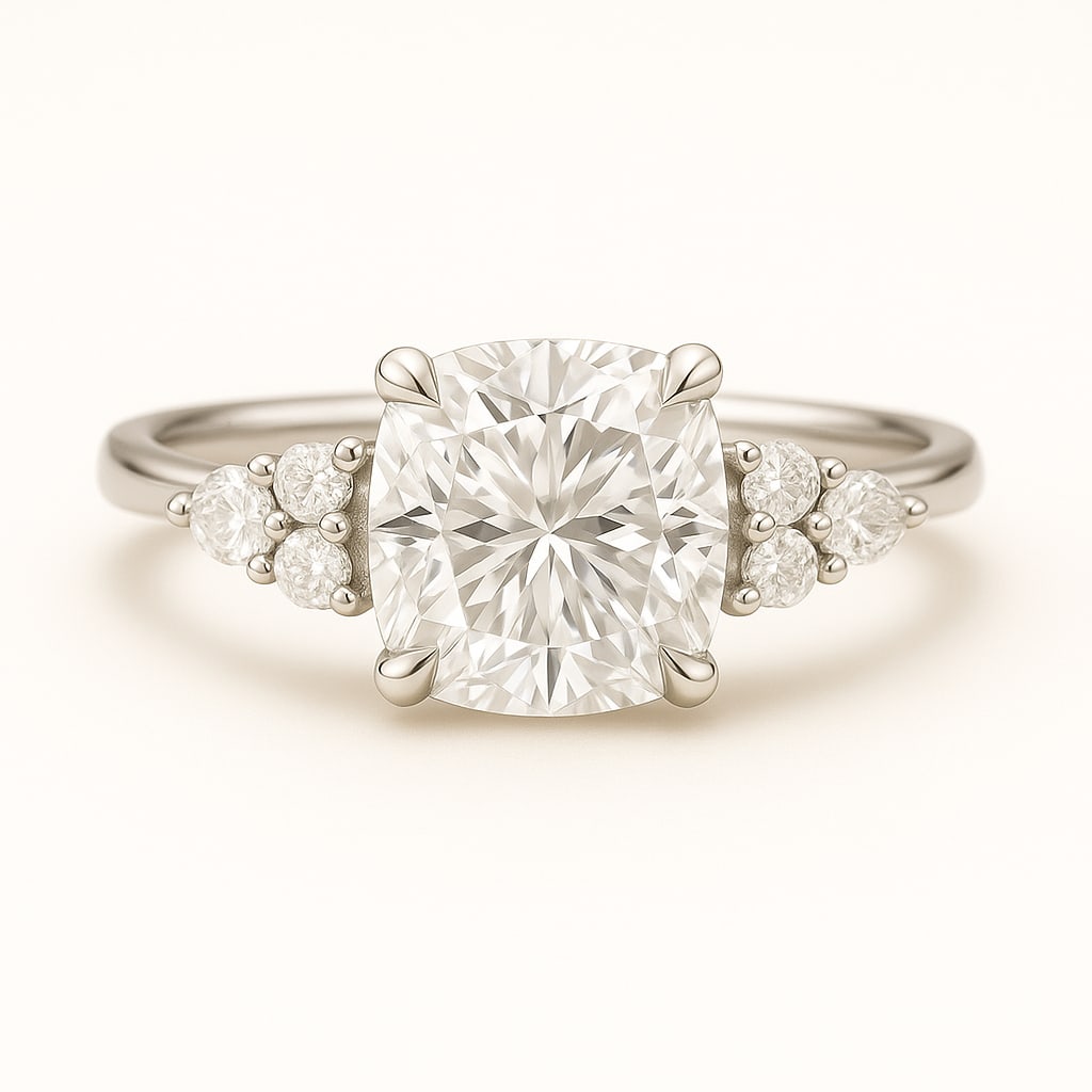 4.50 CT Lab Grown Cushion Cut Diamond Three-Stone Ring in 14K White Gold: Elegant 4.50 carat lab grown cushion cut diamond, accented with clusters of lab grown round brilliant diamonds on each side. Set in polished 14K white gold, this three-stone engagement ring is a timel