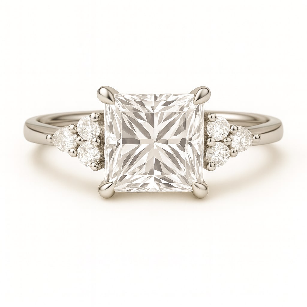 5.00 CT Lab Grown Princess Cut Diamond Three-Stone Ring in 14K White Gold: Stunning 5.00 carat lab grown princess cut diamond, accented with clusters of lab grown round brilliant diamonds on each side. Set in polished 14K white gold, this three-stone engagement ring blends m