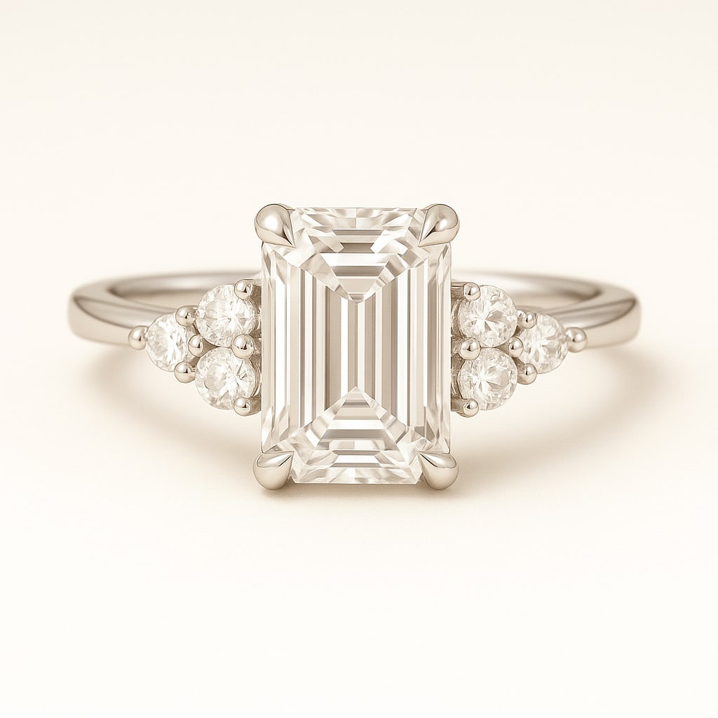 4.50 CT Lab Grown Emerald Cut Diamond Three-Stone Ring in 14K White Gold: Elegant 4.50 carat lab grown emerald cut diamond, accented with clusters of lab grown round brilliant diamonds on each side. Set in polished 14K white gold, this three-stone engagement ring combines s