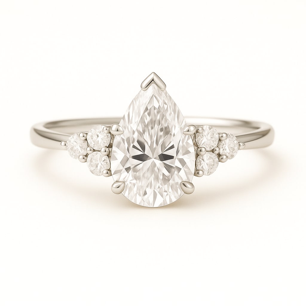 3.50 CT Lab Grown Pear Cut Diamond Three-Stone Ring in 14K White Gold: Graceful 3.50 carat lab grown pear cut diamond, accented with clusters of lab grown round brilliant diamonds on each side. Set in polished 14K white gold, this three-stone engagement ring offers timel