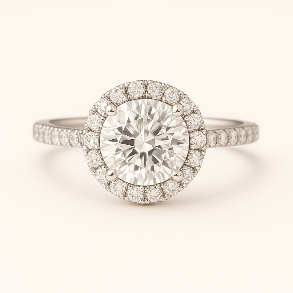3.00 CT Lab Grown Round Brilliant Diamond Halo Ring with Pavé Band in 14K White Gold: Beautiful 3.00 carat lab grown round brilliant diamond, surrounded by a halo of lab grown round brilliant diamonds and set on a polished 14K white gold pavé band. A glamorous engagement ring that max