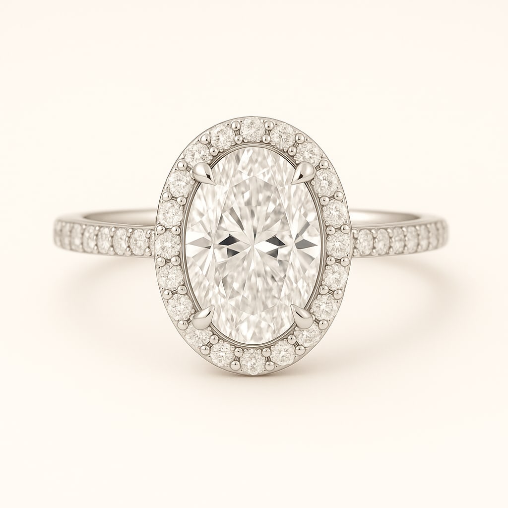 4.50 CT Lab Grown Oval Cut Diamond Halo Ring with Pavé Band in 14K White Gold: Stunning 4.50 carat lab grown oval cut diamond, surrounded by a halo of lab grown round brilliant diamonds and set on a polished 14K white gold pavé band. A glamorous engagement ring that blends bril