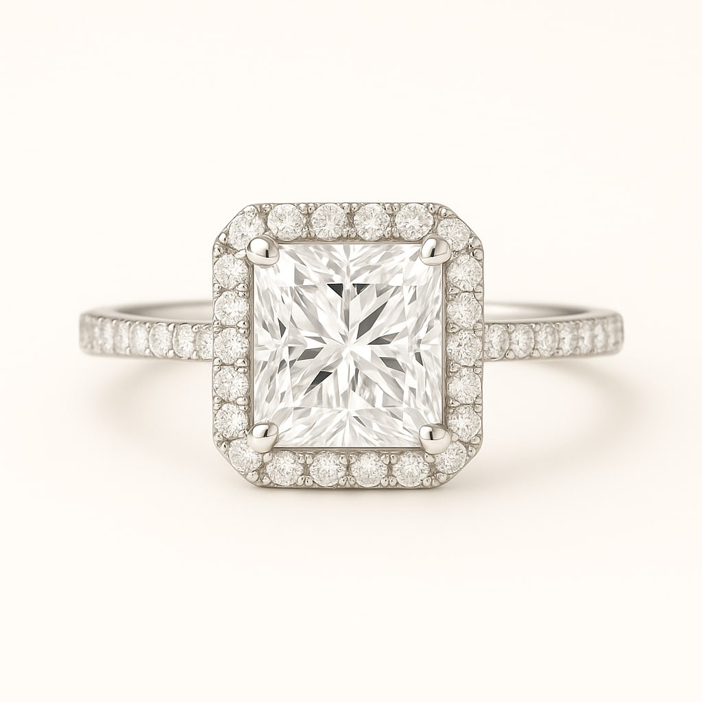 4.50 CT Lab Grown Princess Cut Diamond Halo Ring with Pavé Band in 14K White Gold: Exquisite 4.50 carat lab grown princess cut diamond, surrounded by a halo of lab grown round brilliant diamonds and set on a polished 14K white gold pavé band. A dazzling engagement ring that combine