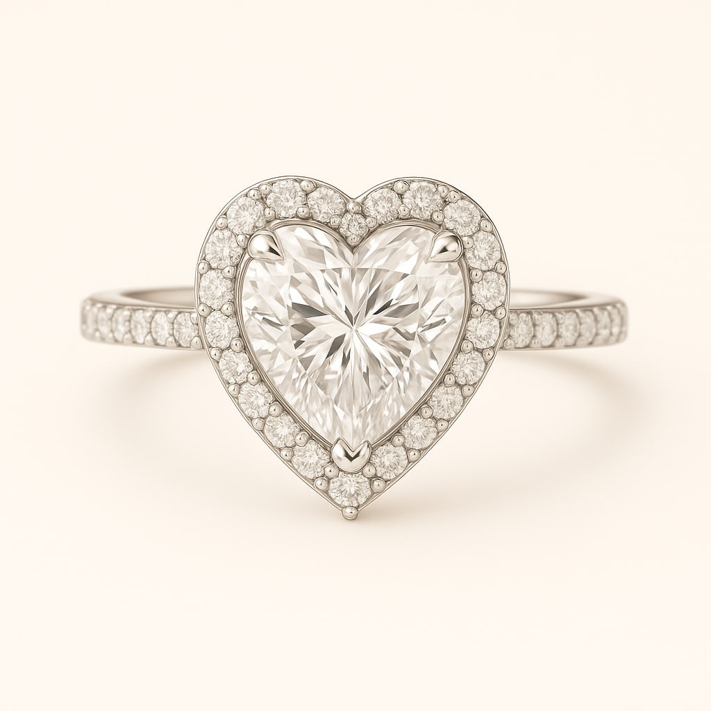 5.00 CT Lab Grown Heart Cut Diamond Halo Ring with Pavé Band in 14K White Gold: Exquisite 5.00 carat lab grown heart cut diamond, surrounded by a halo of lab grown round brilliant diamonds and set on a polished 14K white gold pavé band. A romantic engagement ring that symbolizes