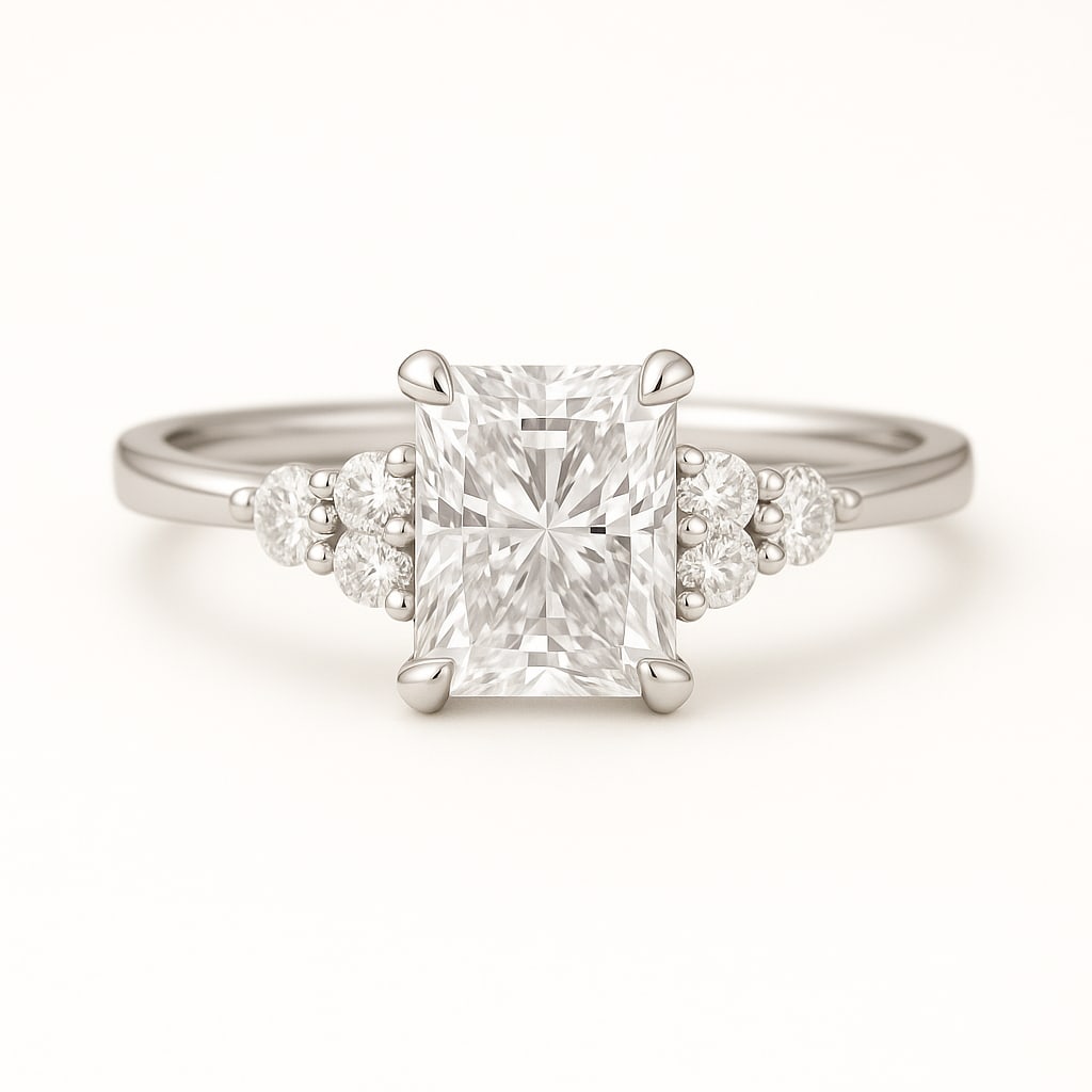 4.50 CT Lab Grown Radiant Cut Diamond Three-Stone Ring in 14K White Gold: Stunning 4.50 carat lab grown radiant cut diamond, accented with clusters of lab grown round brilliant diamonds on each side. Set in polished 14K white gold, this three-stone engagement ring radiates 