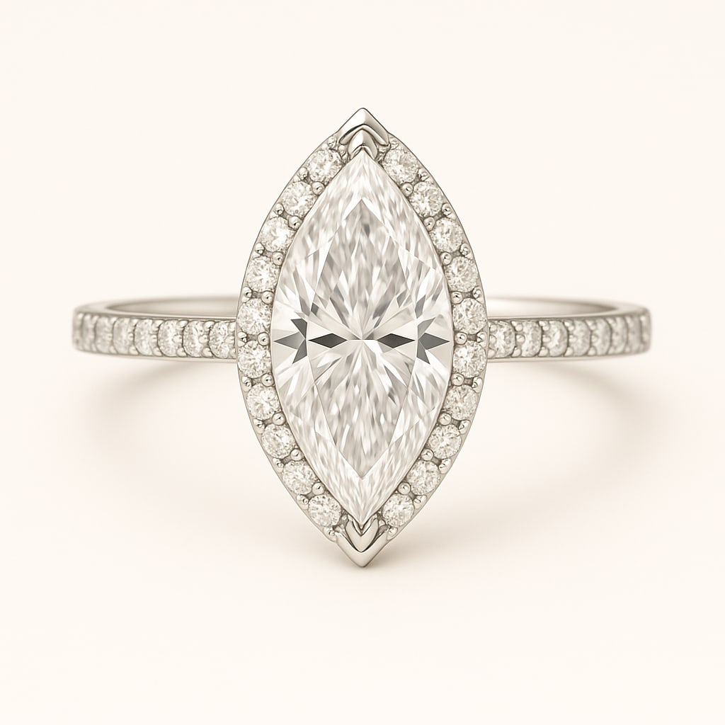 5.00 CT Lab Grown Marquise Cut Diamond Halo Ring with Pavé Band in 14K White Gold: Exquisite 5.00 carat lab grown marquise cut diamond, encircled by a halo of lab grown round brilliant diamonds and set on a polished 14K white gold pavé band. A statement engagement ring with timeles