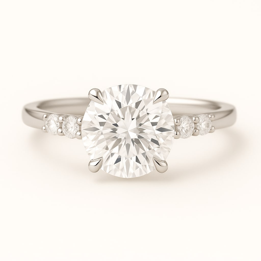 3.00 CT Lab Grown Round Brilliant Diamond Solitaire Ring with Side Accents in 14K White Gold: Beautiful 3.00 carat lab grown round brilliant diamond, set in a polished 14K white gold band with sparkling side accent diamonds. A timeless solitaire engagement ring that combines simplicity with ra