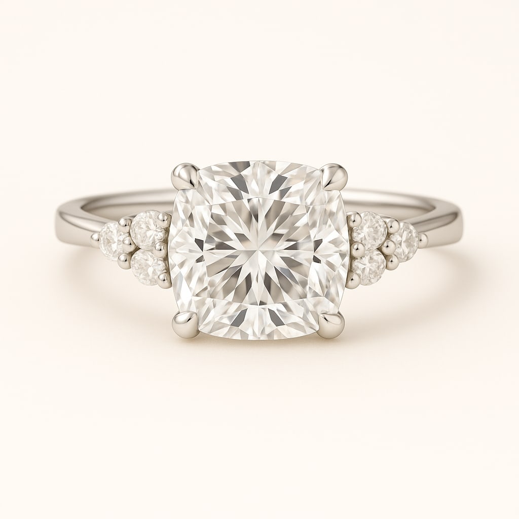 6.50 CT Lab Grown Cushion Cut Diamond Solitaire Ring with Side Accents in 14K White Gold: Magnificent 6.50 carat lab grown cushion cut diamond, set in a polished 14K white gold band with sparkling side accent diamonds. A luxurious engagement ring that blends bold presence with timeless ele