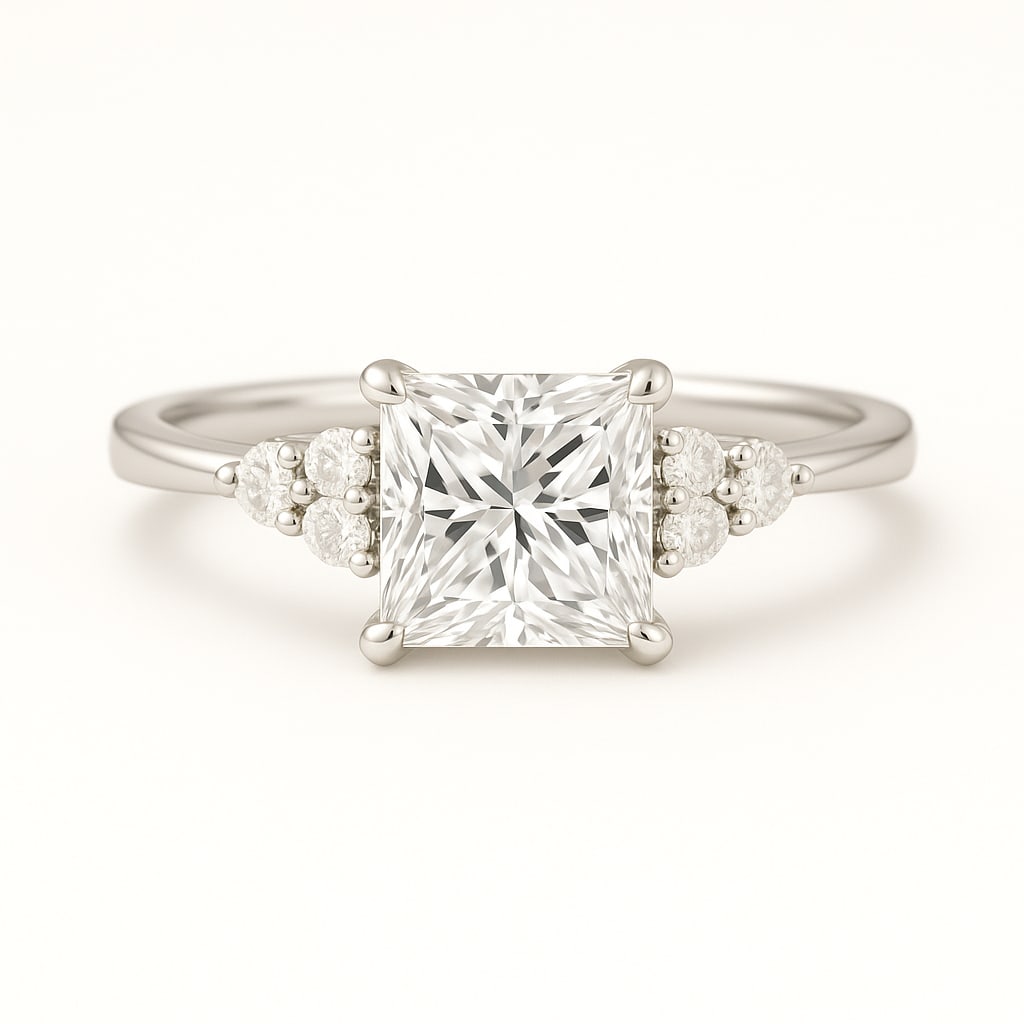 4.00 CT Lab Grown Princess Cut Diamond Solitaire Ring with Side Accents in 14K White Gold: Elegant 4.00 carat lab grown princess cut diamond, set in a polished 14K white gold band accented with sparkling round side diamonds. A refined solitaire engagement ring that combines modern lines wit