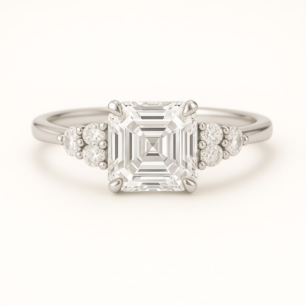 3.50 CT Lab Grown Asscher Cut Diamond Solitaire Ring with Side Accents in 14K White Gold: Elegant 3.50 carat lab grown asscher cut diamond, set on a polished 14K white gold band with sparkling round side accent diamonds. A refined solitaire engagement ring that highlights the symmetry and 