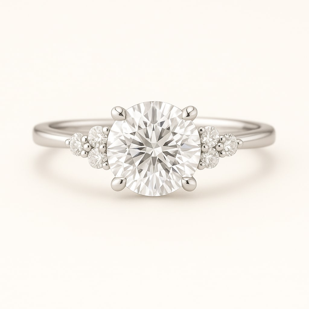 2.50 CT Lab Grown Round Brilliant Diamond Solitaire Ring with Side Accents in 14K White Gold: Beautiful 2.50 carat lab grown round brilliant diamond, set on a polished 14K white gold band with sparkling side accent diamonds. A timeless solitaire engagement ring that radiates classic beauty and
