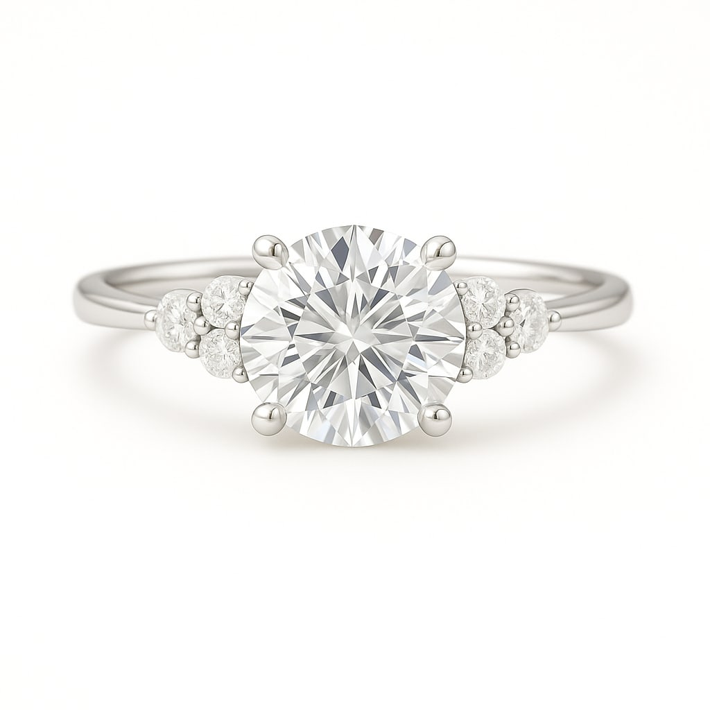 2.50 CT Lab Grown Round Brilliant Diamond Solitaire Ring with Side Clusters in 14K White Gold: Beautiful 2.50 carat lab grown round brilliant diamond, accented with clusters of lab grown round diamonds on each side, set in polished 14K white gold. A timeless solitaire engagement ring symbolizin