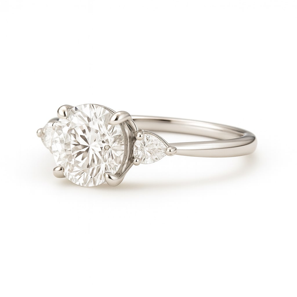 3.50 CT Lab Grown Round Brilliant Diamond Three-Stone Ring with Pear Side Stones in 14K White Gold: Elegant 3.50 carat lab grown round brilliant diamond, flanked by pear-shaped side stones, set on a polished 14K white gold band. A timeless three-stone engagement ring symbolizing past, present, and f