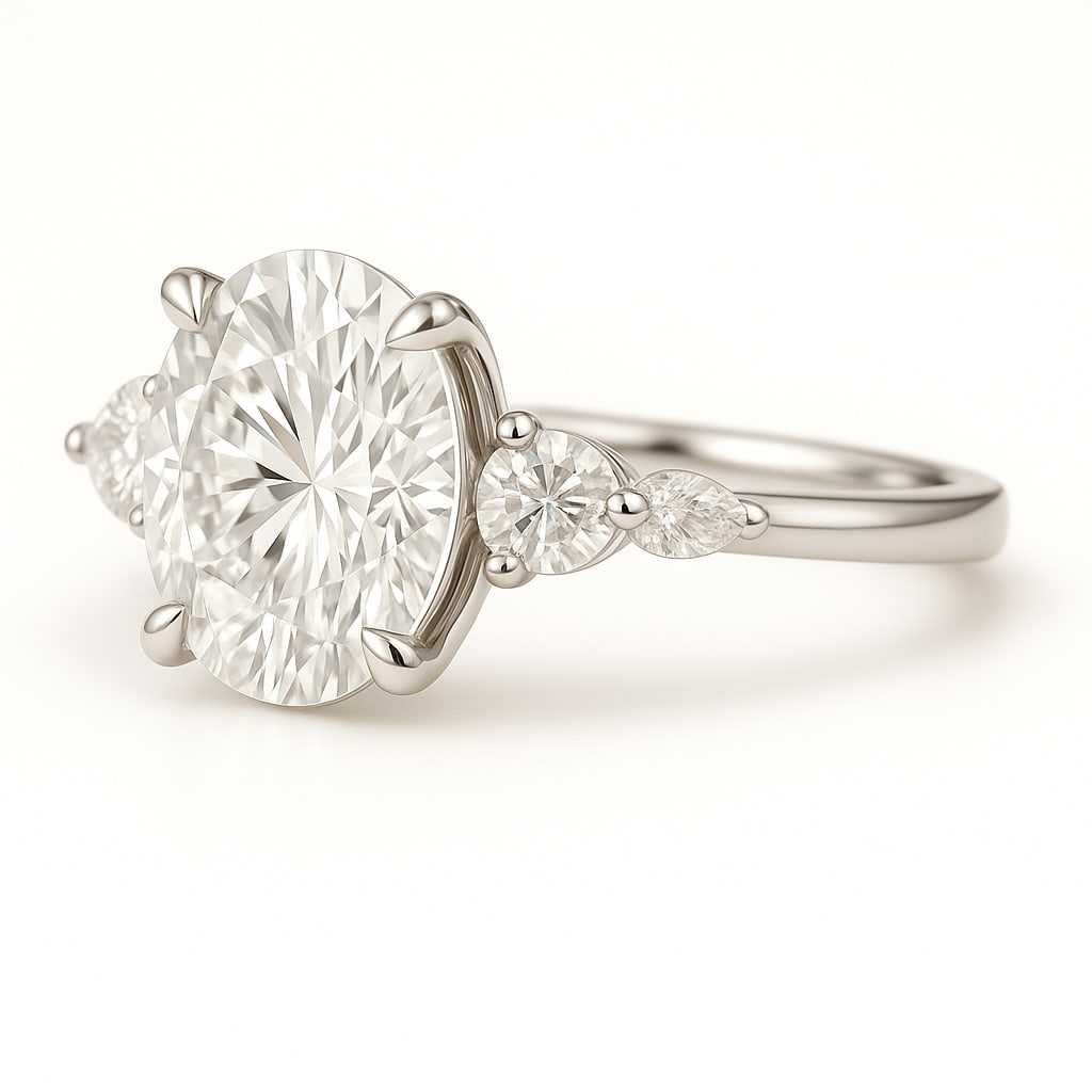6.50 CT Lab Grown Oval Cut Diamond Three-Stone Ring with Pear and Round Side Stones in 14K White: Magnificent 6.50 carat lab grown oval cut diamond, accented with pear-shaped and round brilliant side stones, set on a polished 14K white gold band. A luxurious three-stone engagement ring symbolizing