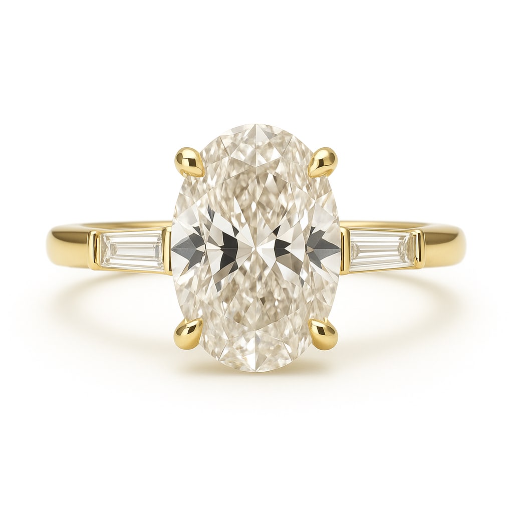 4.50 CT Lab Grown Oval Cut Diamond Three-Stone Ring with Baguette Side Stones in 14K Yellow Gold: Stunning 4.50 carat lab grown oval cut diamond, accented with tapered baguette side diamonds on a polished 14K yellow gold band. A luxurious three-stone engagement ring blending modern design with vin