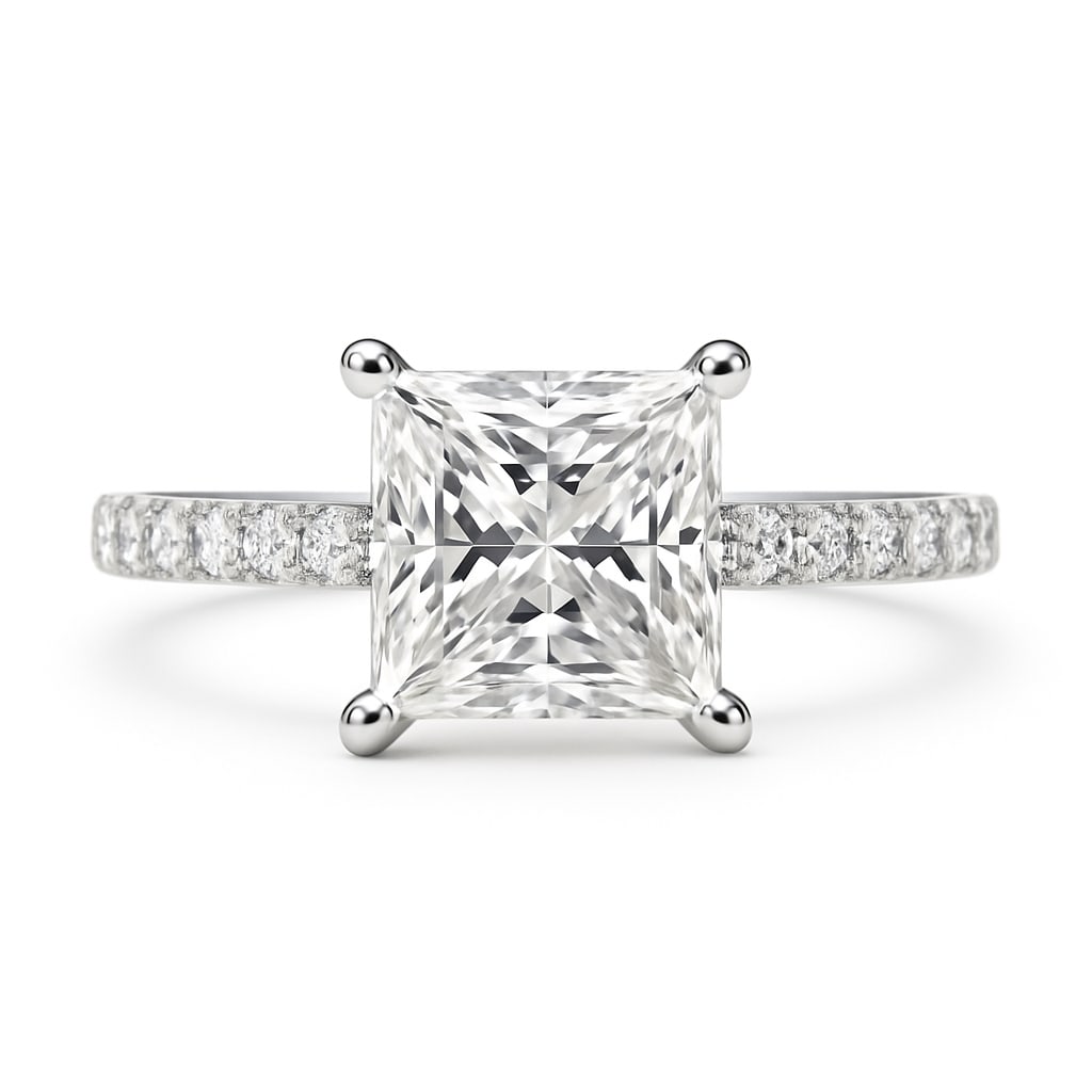 4.50 CT Lab Grown Princess Cut Diamond Solitaire Ring with Pavé Band in 14K White Gold: Exquisite 4.50 carat lab grown princess cut diamond, prong set on a polished 14K white gold pavé band. A sophisticated solitaire engagement ring that showcases the brilliance and symmetry of the prin