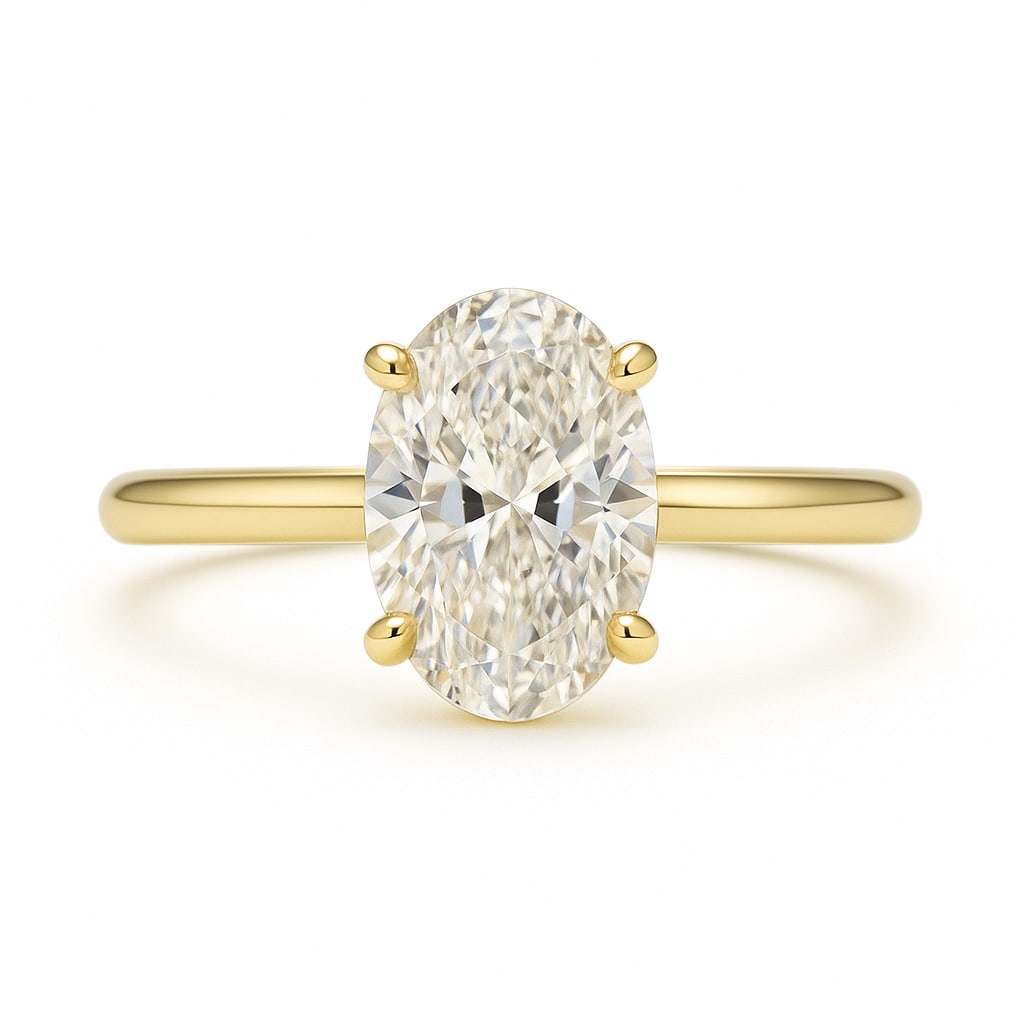 5.00 CT Lab Grown Oval Cut Diamond Solitaire Ring in 14K Yellow Gold: Stunning 5.00 carat lab grown oval cut diamond, prong set on a polished 14K yellow gold band. A timeless solitaire engagement ring that blends elegance with modern sophistication.Color Grade: D–FCla