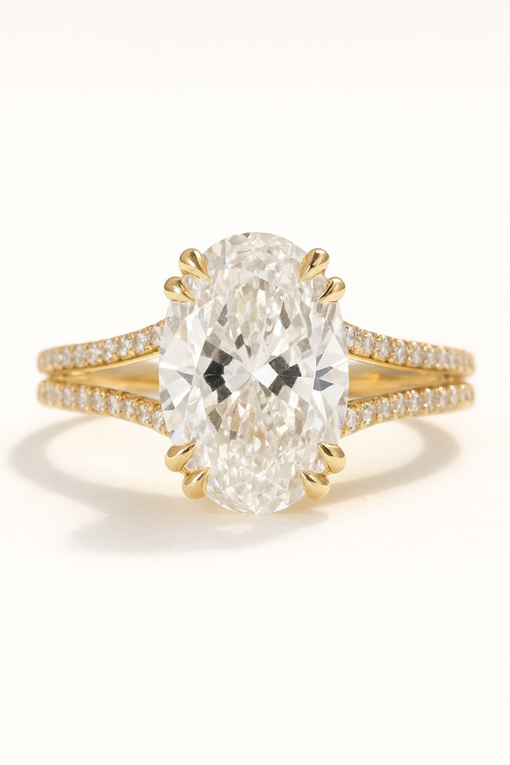 10.00 CT Lab Grown Oval Cut Diamond Solitaire Ring with Split Pavé Band in 14K Yellow Gold: Magnificent 10.00 carat lab grown oval cut diamond, prong set on a polished 14K yellow gold split pavé band. A bold engagement ring that blends grandeur with timeless brilliance.Color Grade: D–FCla