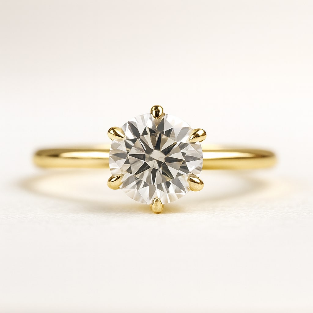 5.00 CT Lab Grown Round Brilliant Diamond Solitaire Ring in 14K Yellow Gold: Stunning 5.00 carat lab grown round brilliant diamond, prong set on a polished 14K yellow gold band. A timeless solitaire engagement ring that combines simplicity with radiant brilliance.Color Grade: 