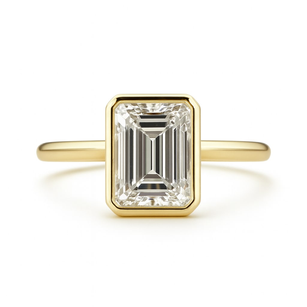5.00 CT Lab Grown Emerald Cut Diamond Solitaire Ring in Bezel Setting, 14K Yellow Gold: Stunning 5.00 carat lab grown emerald cut diamond, securely set in a modern bezel setting on a polished 14K yellow gold band. A bold and timeless solitaire engagement ring with geometric elegance.Colo