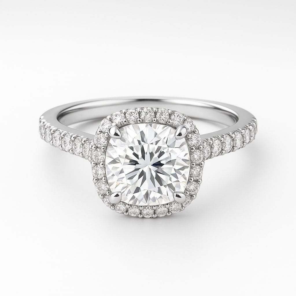 4.50 CT Lab Grown Round Brilliant Diamond Halo Ring with Pavé Band in 14K White Gold: Exquisite 4.50 carat lab grown round brilliant diamond, surrounded by a halo of lab grown round brilliant diamonds and set on a polished 14K white gold pavé band. A glamorous engagement ring that rad