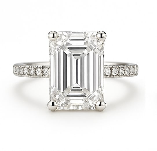 10.00 CT Lab Grown Emerald Cut Diamond Solitaire Ring with Pavé Band in 14K White Gold: Exquisite 10.00 carat lab grown emerald cut diamond, prong set on a polished 14K white gold pavé band. A statement solitaire engagement ring that blends bold sophistication with timeless elegance.Col
