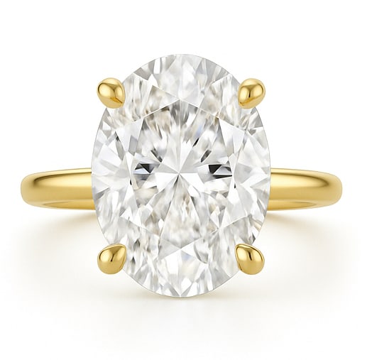 10.00 CT Lab Grown Oval Cut Diamond Solitaire Ring in 14K Yellow Gold: Magnificent 10.00 carat lab grown oval cut diamond, prong set on a polished 14K yellow gold band. A bold solitaire engagement ring that blends classic design with modern luxury.Color Grade: D–FClari