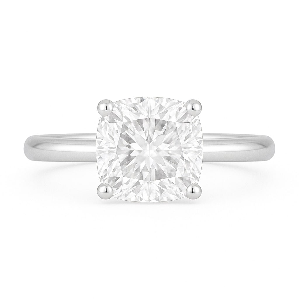 5.00 CT Lab Grown Cushion Cut Diamond Solitaire Ring in 14K White Gold: Stunning 5.00 carat lab grown cushion cut diamond, prong set on a polished 14K white gold band. A solitaire engagement ring that combines timeless beauty with radiant sparkle.Color Grade: D–FClarity