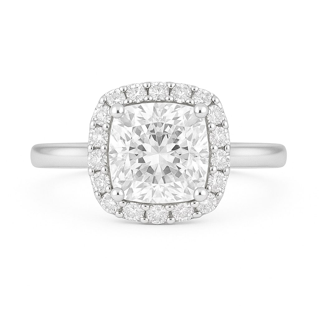 4.50 CT Lab Grown Cushion Cut Diamond Halo Ring in 14K White Gold: Exquisite 4.50 carat lab grown cushion cut diamond, surrounded by a halo of lab grown round brilliant diamonds and set on a polished 14K white gold band. A glamorous engagement ring that radiates bril