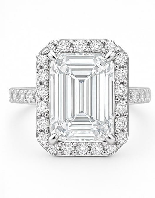 10.00 CT Lab Grown Emerald Cut Diamond Halo Ring with Pavé Band in 14K White Gold: Exquisite 10.00 carat lab grown emerald cut diamond, framed by a halo of lab grown round brilliant diamonds and set on a polished 14K white gold pavé band. A statement engagement ring that combines g