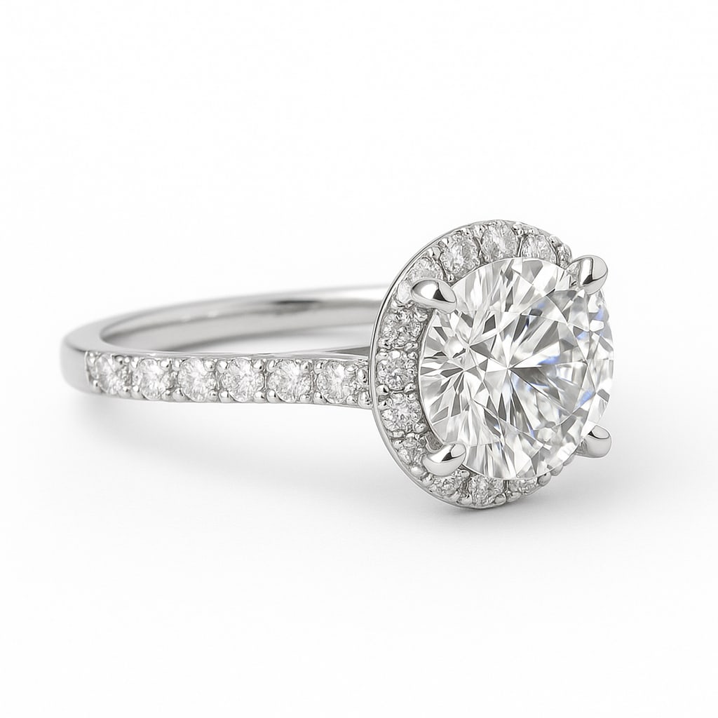 4.50 CT Lab Grown Round Brilliant Diamond Halo Ring with Pavé Band in 14K White Gold: Exquisite 4.50 carat lab grown round brilliant diamond, encircled by a halo of lab grown round brilliant diamonds and set on a polished 14K white gold pavé band. A glamorous engagement ring with bril