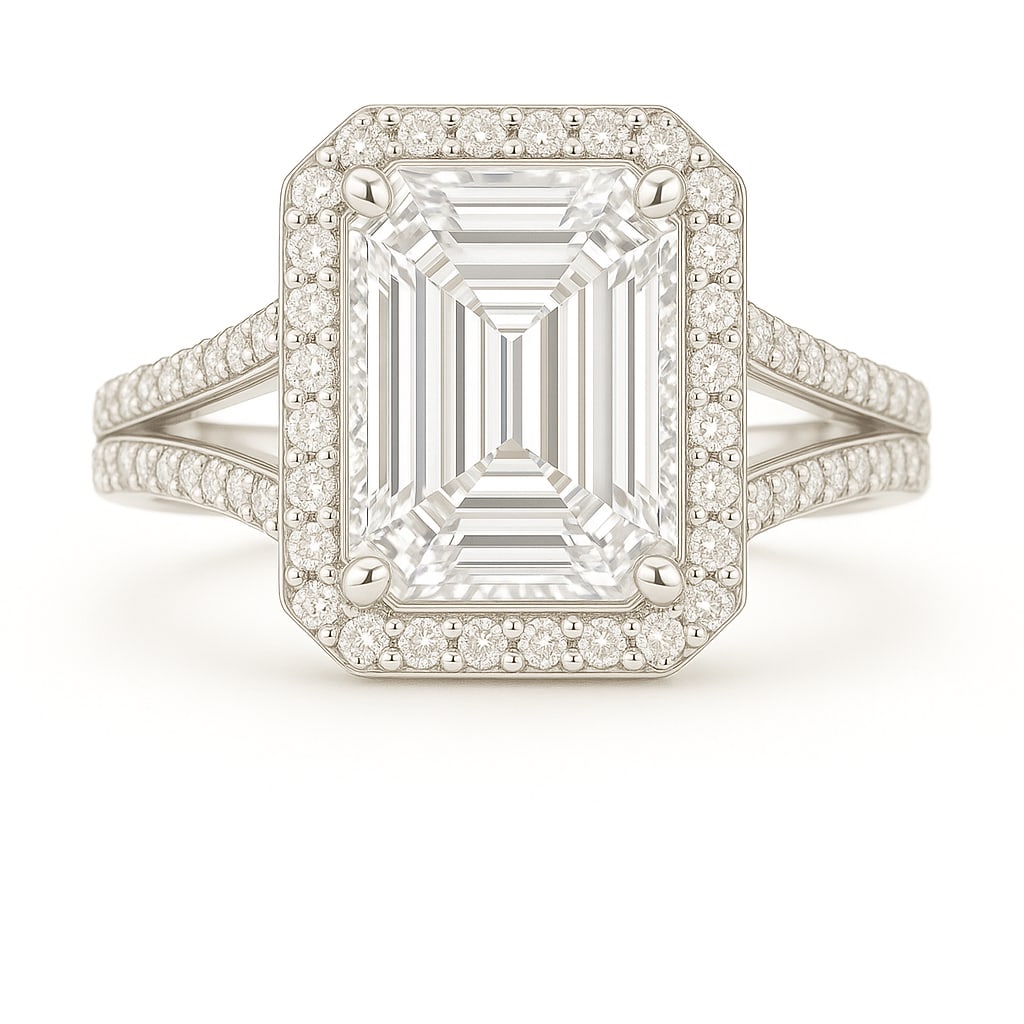 5.50 CT Lab Grown Emerald Cut Diamond Halo Ring with Split Pavé Band in 14K White Gold: Magnificent 5.50 carat lab grown emerald cut diamond, framed by a halo of lab grown round brilliant diamonds and set on a polished 14K white gold split pavé band. A bold statement engagement ring tha