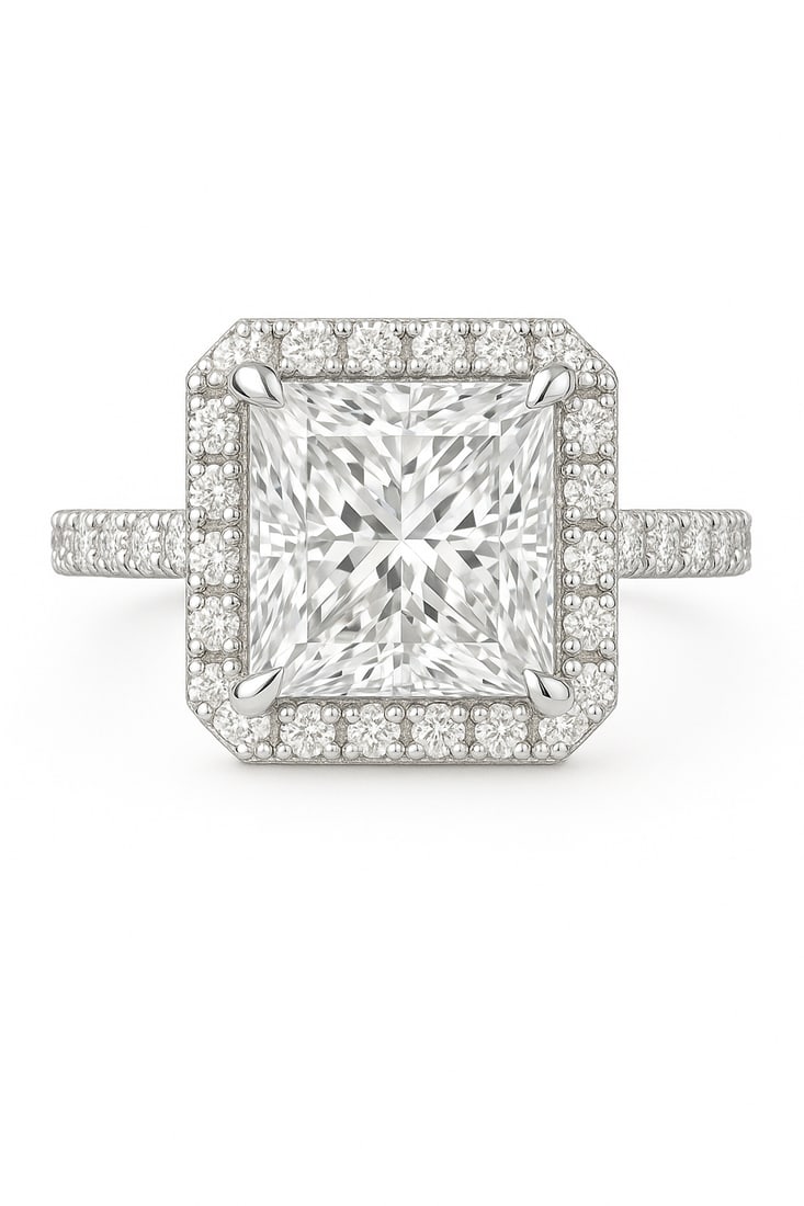 5.50 CT Lab Grown Princess Cut Diamond Halo Ring with Pavé Band in 14K White Gold: Exquisite 5.50 carat lab grown princess cut diamond, framed by a halo of lab grown round brilliant diamonds and set on a polished 14K white gold pavé band. A glamorous engagement ring with a bold, co