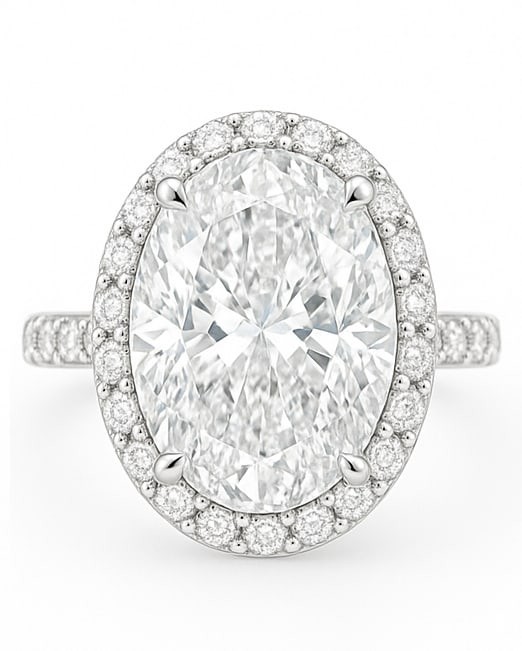 10.00 CT Lab Grown Oval Cut Diamond Halo Ring with Pavé Band in 14K White Gold: Magnificent 10.00 carat lab grown oval cut diamond, framed by a halo of lab grown round brilliant diamonds and set on a polished 14K white gold pavé band. A glamorous engagement ring that embodies el
