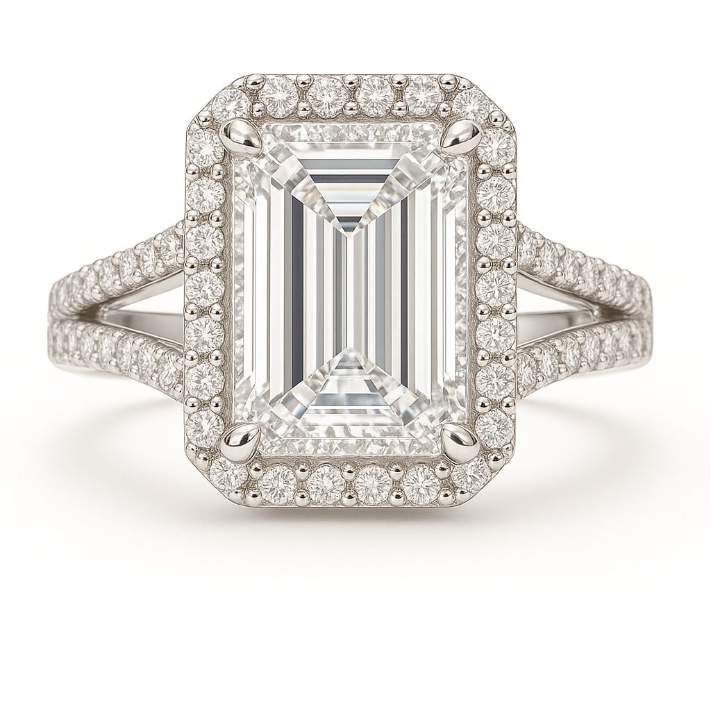 10.50 CT Lab Grown Emerald Cut Diamond Halo Ring with Split Pavé Band in 14K White Gold: Magnificent 10.50 carat lab grown emerald cut diamond, encircled by a halo of lab grown round brilliant diamonds and set on a split pavé 14K white gold band. A bold and glamorous engagement ring that