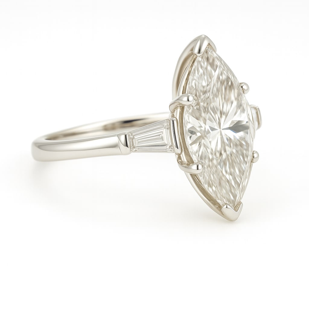 4.50 CT Lab Grown Marquise Cut Diamond Three-Stone Ring with Baguette Side Stones in 14K White Gold: Elegant 4.50 carat lab grown marquise cut diamond, flanked by tapered baguette side stones and set on a polished 14K white gold band. A sophisticated three-stone engagement ring combining timeless gra