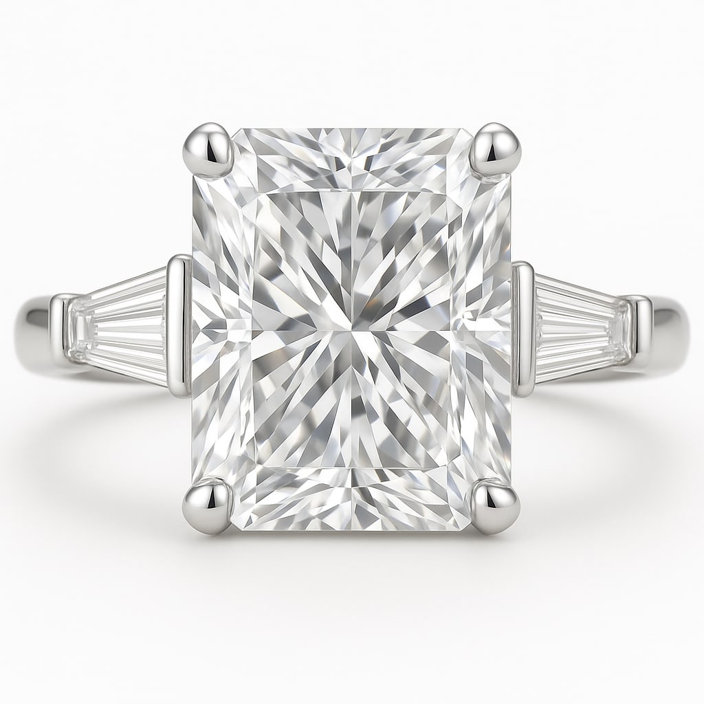 10.00 CT Lab Grown Radiant Cut Diamond Three-Stone Ring with Baguette Side Stones in 14K White Gold: Magnificent 10.00 carat lab grown radiant cut diamond, flanked by tapered baguette side stones and set on a polished 14K white gold band. A luxurious three-stone engagement ring that radiates timeless