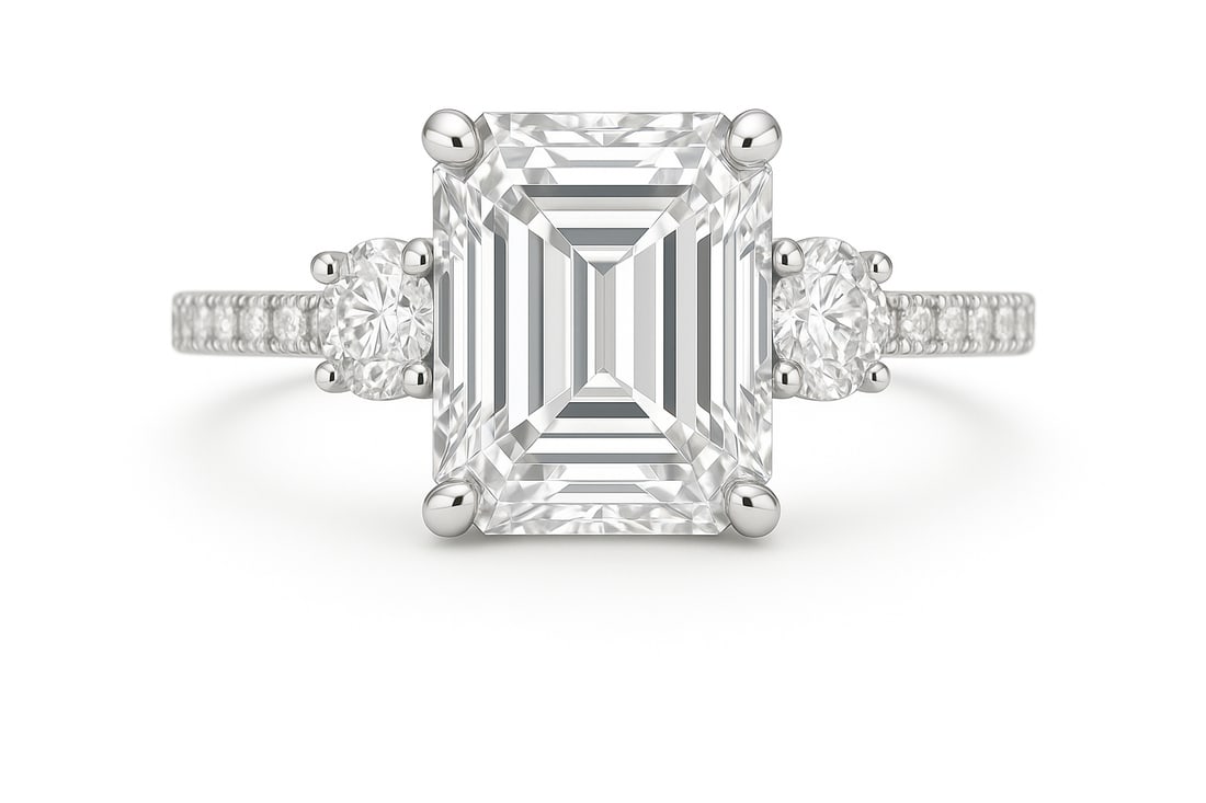 5.50 CT Emerald Cut Lab Grown Diamond Three-Stone Ring in 14K White Gold: A striking 5.50 carat emerald cut lab grown diamond takes center stage, flanked by two brilliant round side stones and complemented with a pavé-set diamond band. This three-stone engagement ring show