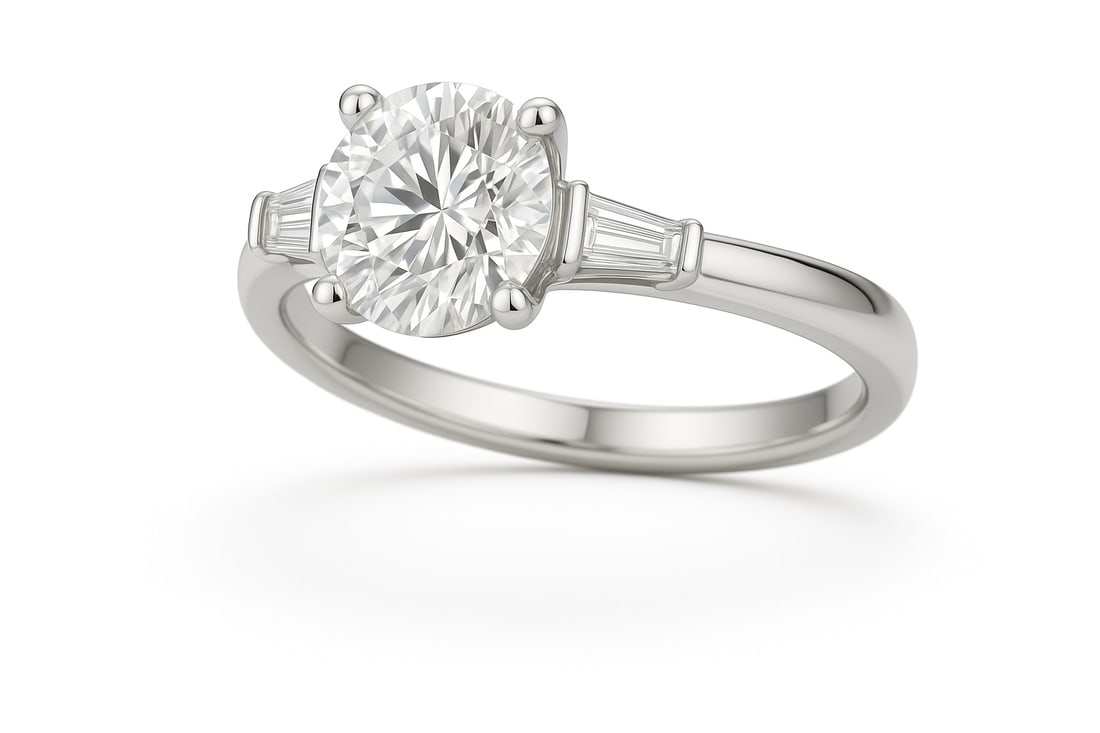 4.50 CT Round Cut Lab Grown Diamond Ring with Tapered Baguette Side Stones in 14K White Gold: A captivating 4.50 carat round brilliant lab grown diamond shines at the center, accented by elegant tapered baguette side stones. Set on a sleek 14K white gold band, this classic engagement ring comb