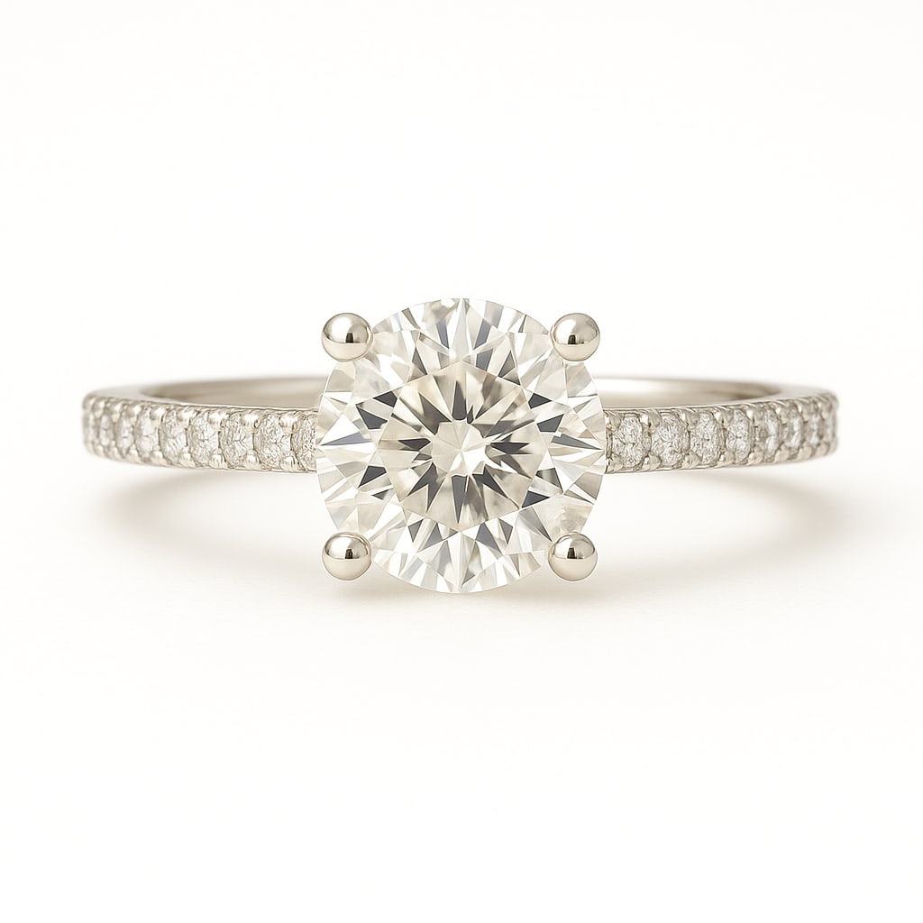 3.50 CT Round Brilliant Lab Grown Diamond Solitaire Ring with Pavé Band in 14K White Gold: A dazzling 3.50 carat round brilliant lab grown diamond sits proudly in a classic solitaire setting, elevated by a pavé-set diamond band for added sparkle. Crafted in polished 14K white gold, this ri
