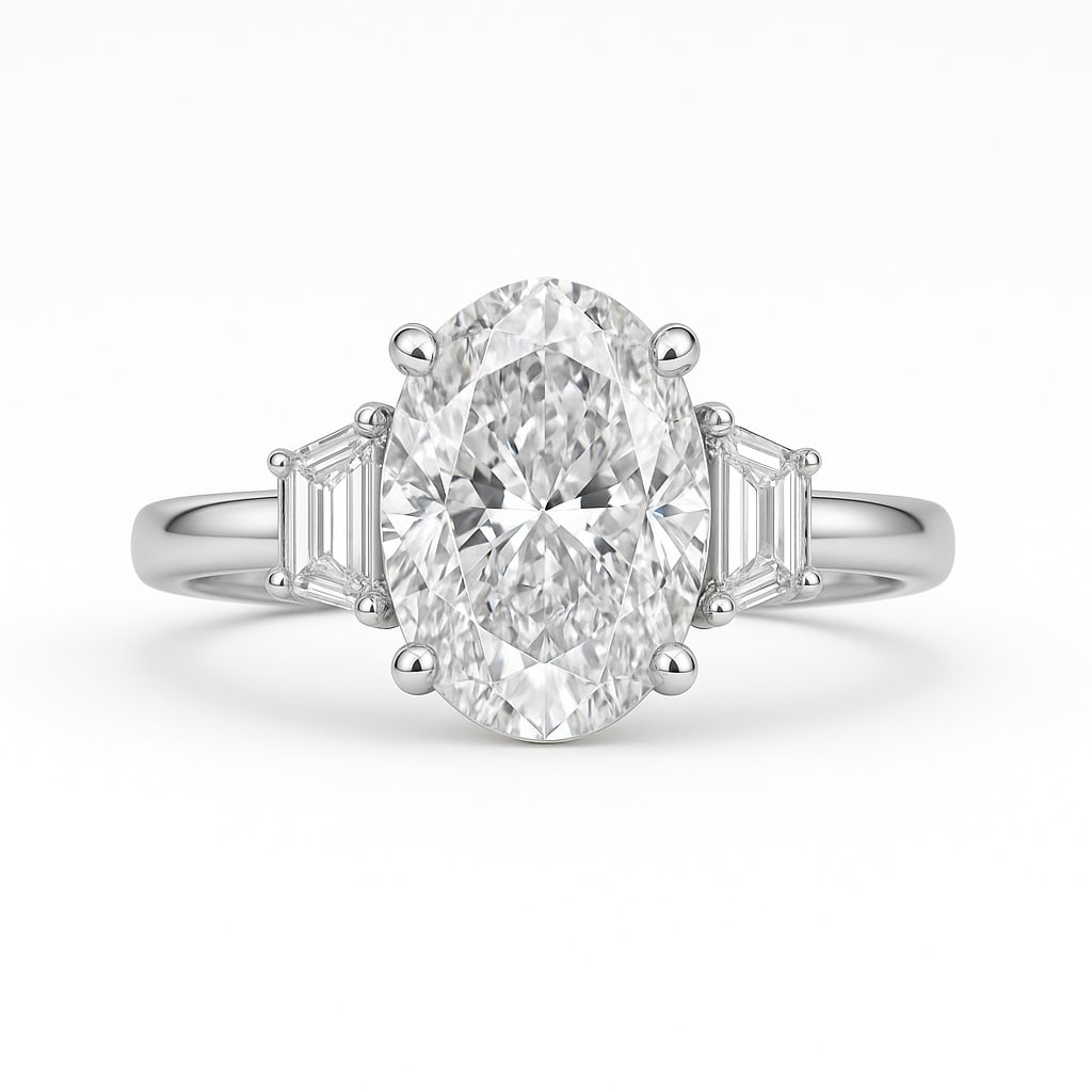 6.50 CT Oval Cut Lab Grown Diamond Three-Stone Ring with Trapezoid Side Stones in 14K White Gold: A magnificent 6.50 carat oval cut lab grown diamond commands attention at the center, flanked by two perfectly matched trapezoid side stones. Set on a polished 14K white gold band, this three-stone ri