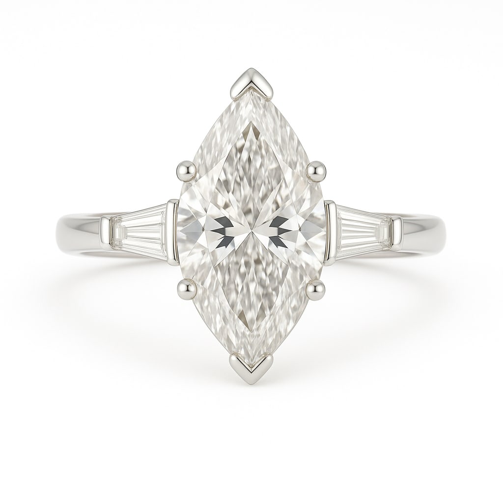 4.00 CT Marquise Cut Lab Grown Diamond Ring with Tapered Baguette Side Stones in 14K White Gold: A graceful 4.00 carat marquise cut lab grown diamond forms the centerpiece of this refined design, accented by tapered baguette side stones for a touch of Art Deco elegance. Set on a polished 14K whit