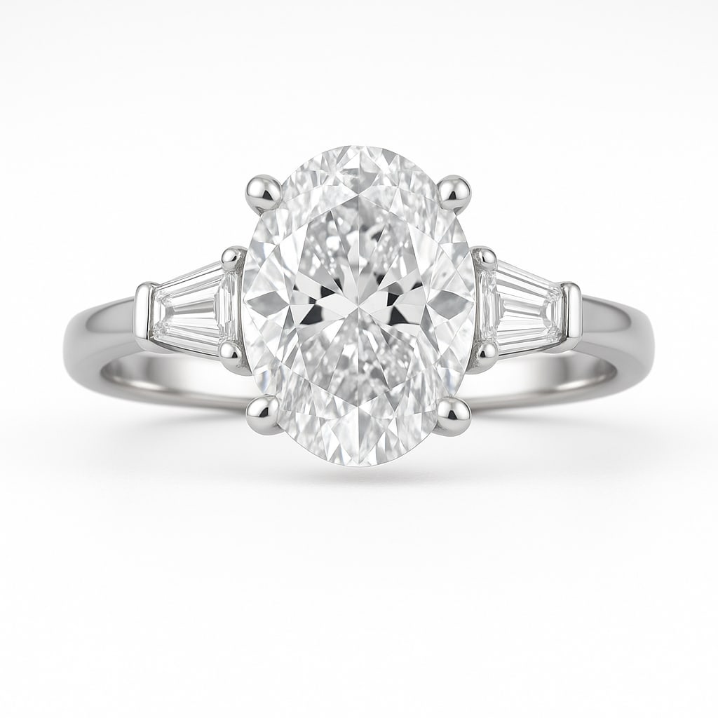 6.50 CT Oval Cut Lab Grown Diamond Ring with Tapered Baguette Side Stones in 14K White Gold: A dazzling 6.50 carat oval cut lab grown diamond sparkles at the center, perfectly framed by tapered baguette side stones. Crafted in polished 14K white gold, this timeless three-stone design highligh