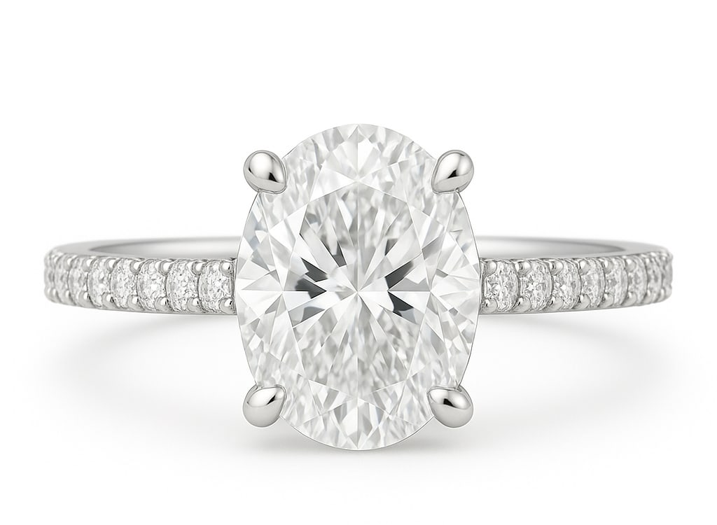 10.00 CT Oval Cut Lab Grown Diamond Solitaire Ring with Pavé Band in 14K White Gold: An impressive 10.00 carat oval cut lab grown diamond makes a bold statement in this stunning solitaire design. The center stone is paired with a pavé-set diamond band, enhancing its brilliance with e