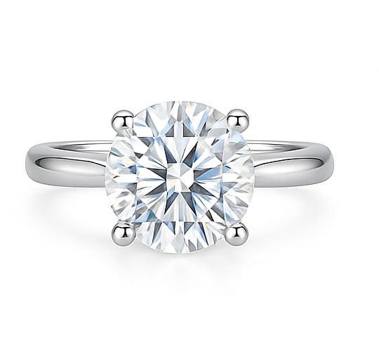 5.00 CT Round Brilliant Lab Grown Diamond Solitaire Ring in 14K White Gold: A timeless 5.00 carat round brilliant lab grown diamond is the centerpiece of this elegant solitaire design. Set on a polished 14K white gold band, the diamond’s fire and brilliance are showcased in
