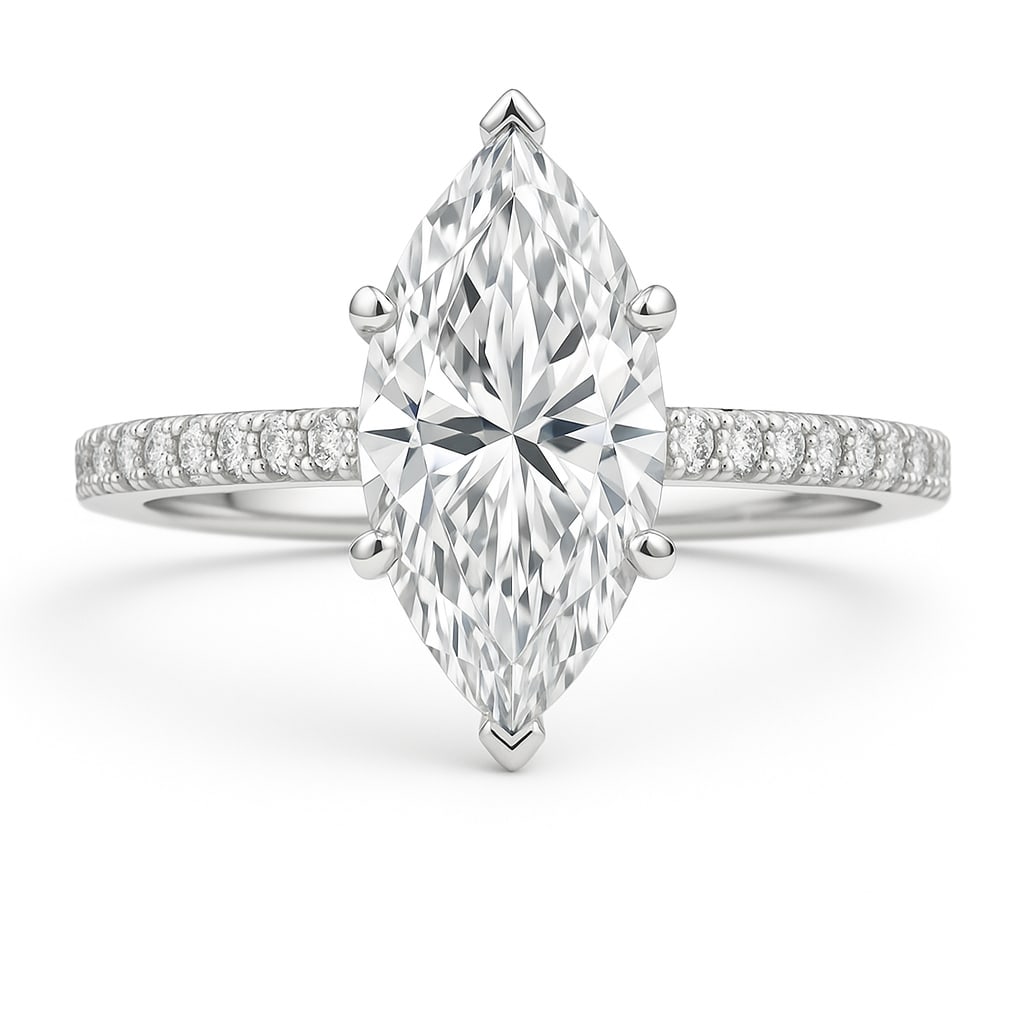 3.50 CT Marquise Cut Lab Grown Diamond Solitaire Ring with Pavé Band in 14K White Gold: A stunning 3.50 carat marquise cut lab grown diamond shines brilliantly at the center, set in a classic solitaire design with a pavé-set diamond band. The elongated marquise shape creates an elegant,