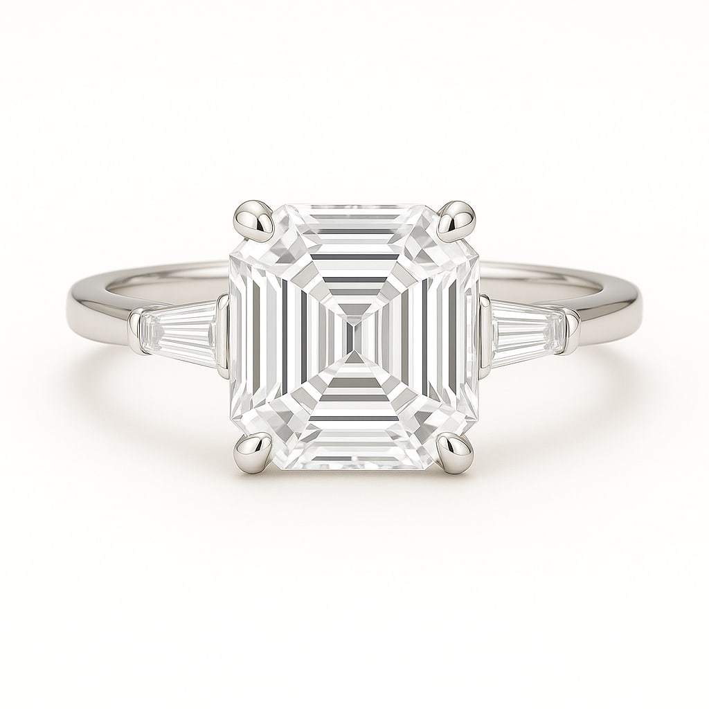 5.00 CT Asscher Cut Lab Grown Diamond Ring with Tapered Baguette Side Stones in 14K White Gold: A bold 5.00 carat Asscher cut lab grown diamond takes center stage, its step-cut facets creating a hall-of-mirrors effect. Flanked by tapered baguette side stones and set in polished 14K white gold, t