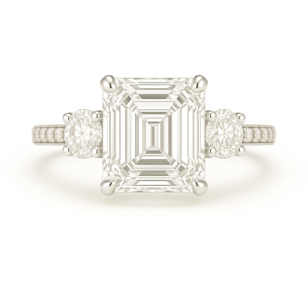 6.50 CT Asscher Cut Lab Grown Diamond Three-Stone Ring with Round Side Stones in 14K White Gold: An exceptional 6.50 carat Asscher cut lab grown diamond captures attention with its mesmerizing step-cut facets, flanked by two brilliant round side stones. The pavé-set diamond band enhances its rad
